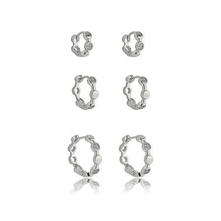 Trio de argola cravejado de zirconia cristal banho em rodio branco