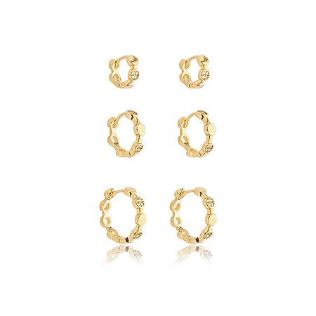 Trio de argola cravejado de zirconia cristal banho em ouro 18k