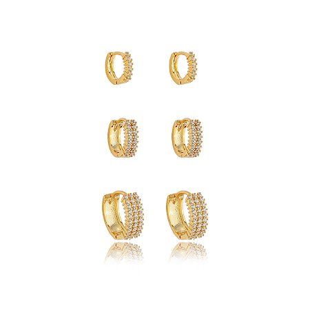 Trio de argola cravejado de zirconia cristal banho em ouro 18k
