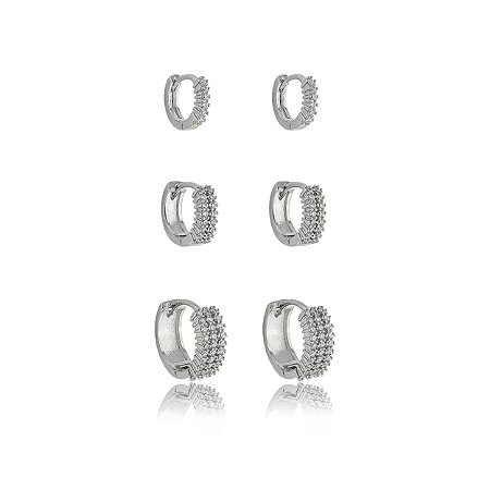 Trio de argola cravejado de zirconia cristal banho em rodio branco