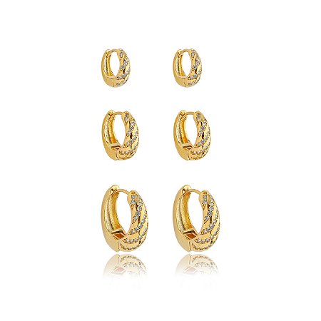 Trio de argola cravejado de zirconia cristal banho em ouro 18k