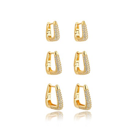 Trio de argola cravejado de zirconia cristal banho em ouro 18k