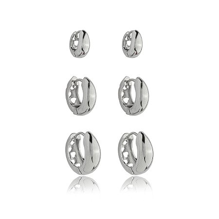 Trio de argola liso banho em rodio branco