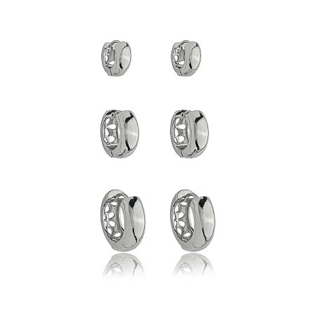 Trio de argola liso banho em rodio branco