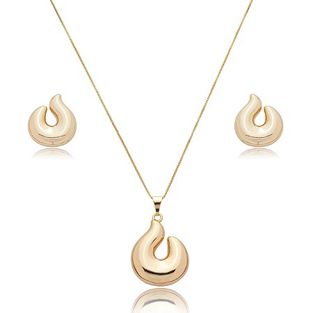 Conjunto de brinco e colar liso banho em ouro 18k