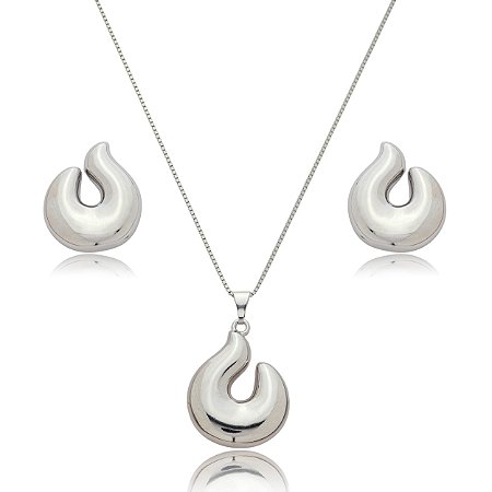 Conjunto de brinco e colar liso banho em ouro 18k