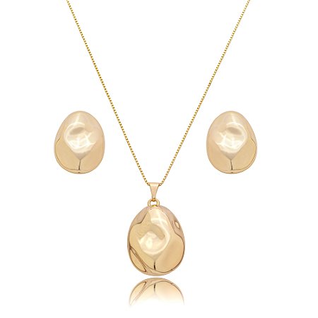 Conjunto de brinco e colar dourado liso banho em ouro 18k
