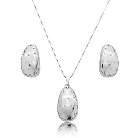 Conjunto de brinco e colar cravejado de zirconia cristal banho em rodio branco