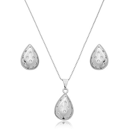 Conjunto de brinco e colar cravejado de zirconia cristal banho em rodio branco