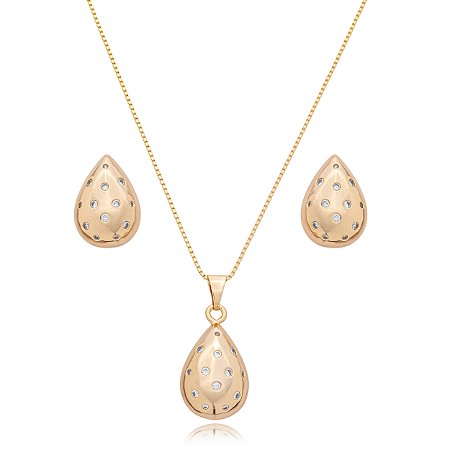 Conjunto de brinco e colar cravejado de zirconia cristal banho em ouro 18k