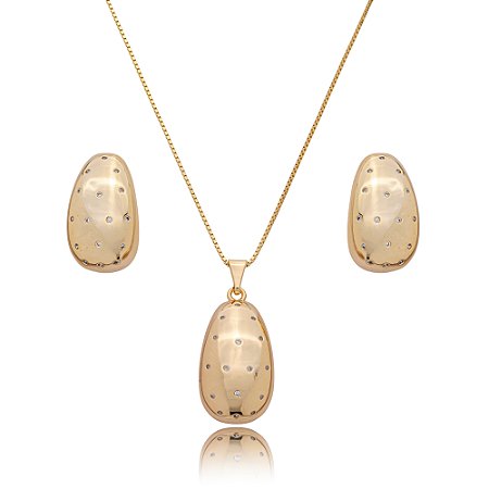 Conjunto de brinco e colar cravejado de zirconia cristal banho em ouro 18k