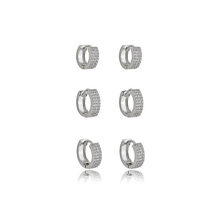 Trio de argola cravejado de zirconia cristal banho em rodio branco
