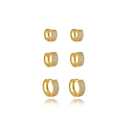 Trio de argola cravejado de zirconia cristal banho em ouro 18k