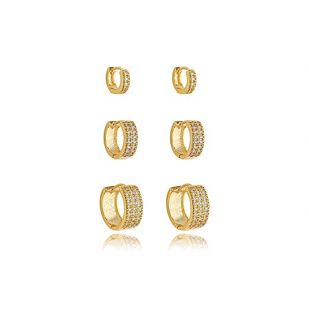 Trio de argola cravejado de zirconia cristal banho em ouro 18k