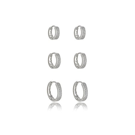 Trio de argola cravejado de zirconia cristal banho em rodio branco