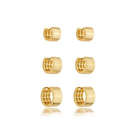 Trio de argola dourado liso banho em ouro 18k
