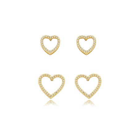 Dupla de coração cravejado de zirconia cristal banho em ouro 18k