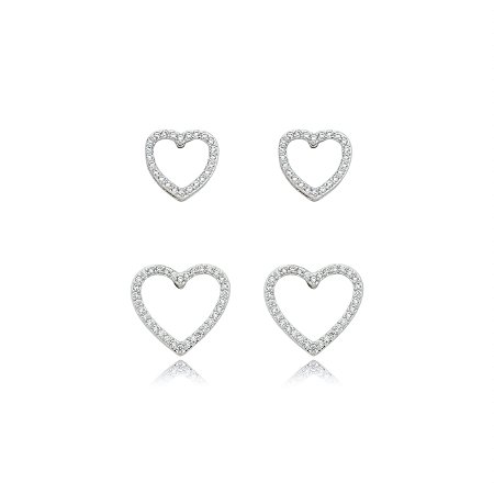 Dupla de coração cravejado de zirconia cristal banho em rodio branco