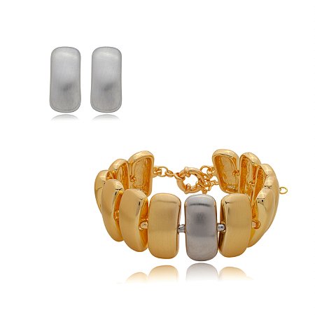 Conjunto de brinco e pulseira acetinado banho duplo