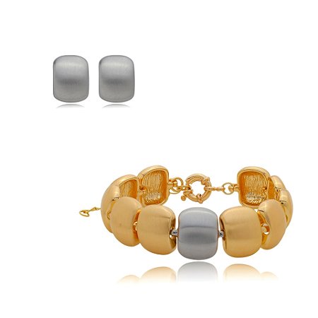 Conjunto de brinco e pulseira acetinado banho duplo