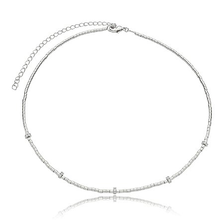 Colar de canutilho cravejado de zircônia cristal banho em rodio branco