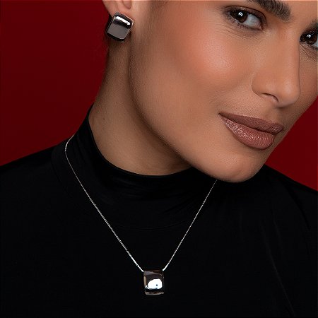 Conjunto de brinco e colar liso banho em rodio branco