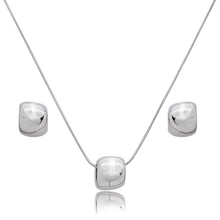 Conjunto de brinco e colar liso banho em rodio branco
