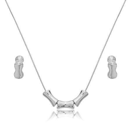 Conjunto de brinco e colar liso banho em rodio branco