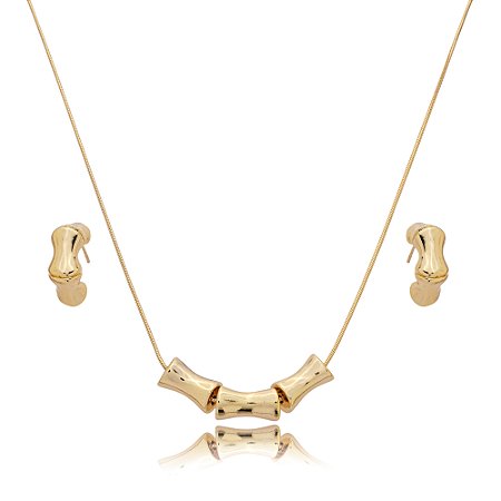Conjunto de brinco e colar liso banho em ouro 18k