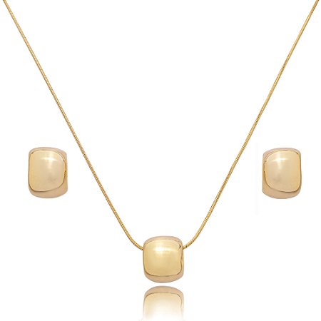 Conjunto de brinco e colar liso banho em ouro 18k