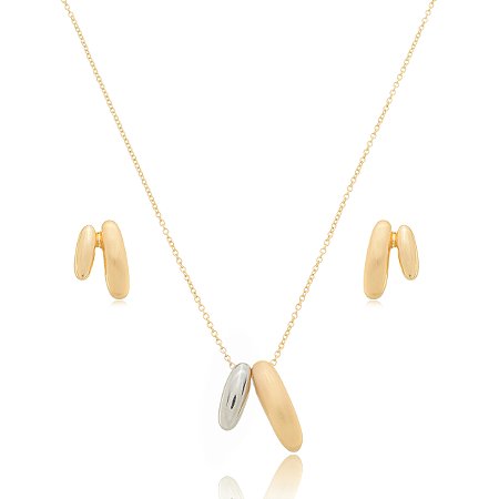 Conjunto de brinco e colar liso acetinado banho em ouro 18k