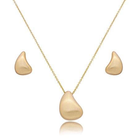Conjunto de brinco e colar liso acetinado banho em ouro 18k