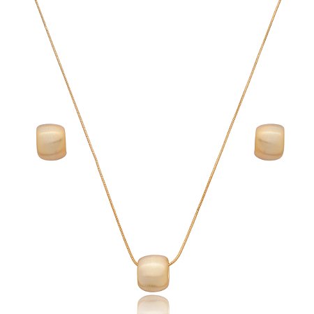Conjunto de brinco e colar liso acetinado banho em ouro 18k