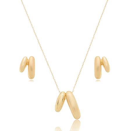 Conjunto de brinco e colar liso acetinado banho em ouro 18k