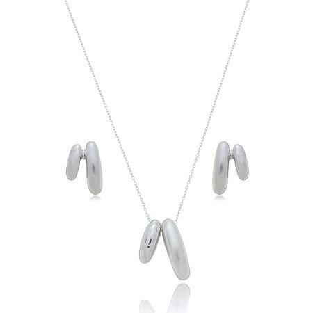 Conjunto de brinco e colar liso acetinado banho em rodio branco