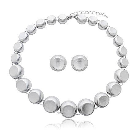 Conjunto de brinco e colar liso acetinado banho em rodio branco
