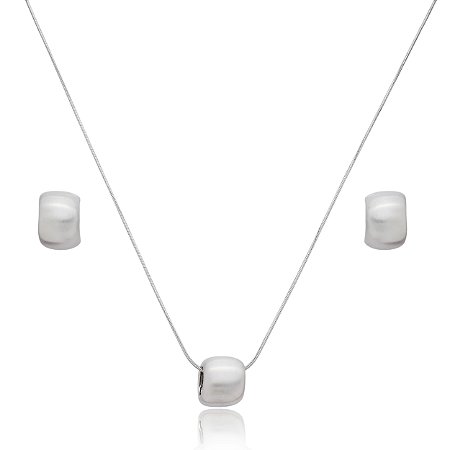 Conjunto de brinco e colar liso acetinado banho em rodio branco