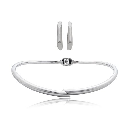 Conjunto de brinco e colar liso acetinado banho em rodio branco