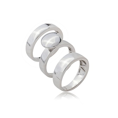 Trio de aneis liso banho em rodio branco