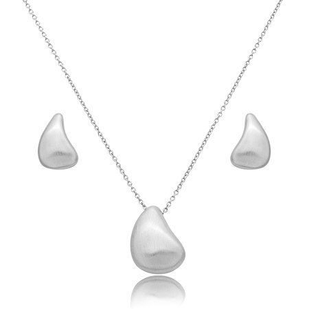 Conjunto de brinco e colar acetinado liso banho em rodio branco