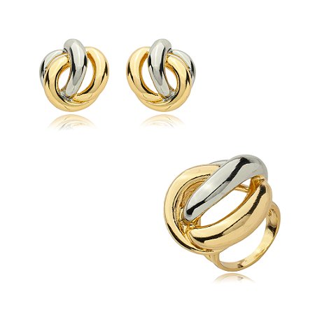 Conjunto de brinco e anel liso banho duplo