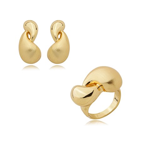 Conjunto de brinco e anel liso acetinado banho em ouro 18k