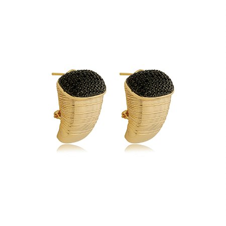 Brinco de argola cravejado de zirconia onix banho em ouro 18k