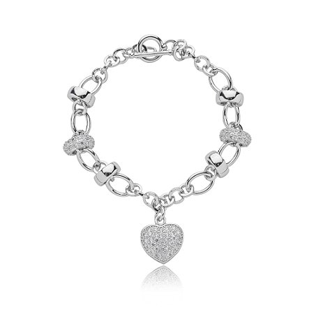 Pulseira de coração cravejada de zirconia cristal banho em rodio branco