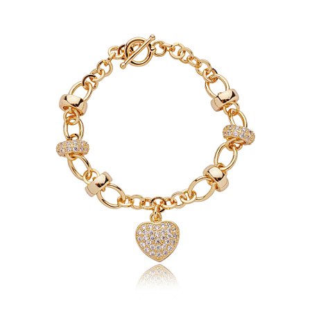 Pulseira de coração cravejada de zirconia cristal banho em ouro 18k