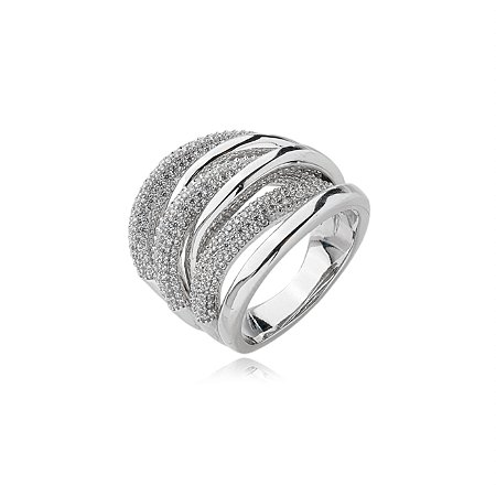 Anel cravejado de zirconia cristal banho em rodio branco