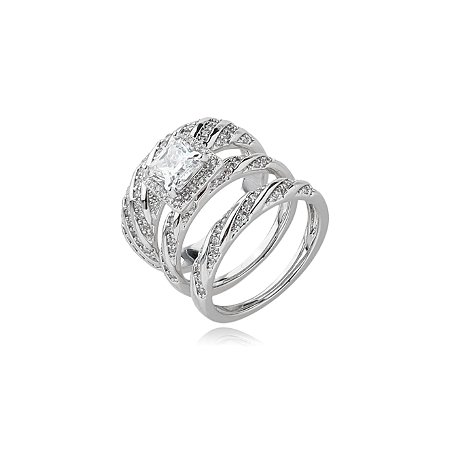 Trio de aneis cravejado de zirconia cristal banho em rodio branco