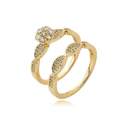 Dupla de aneis cravejado de zirconia cristal banho em ouro 18k