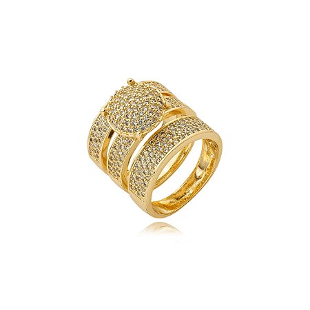 Trio de aneis cravejado de zirconia cristal banho em ouro 18k