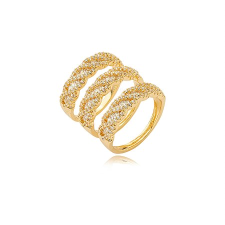 Trio de aneis cravejado de zirconia cristal banho em ouro 18k